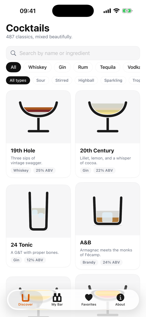 Discover screen with the cocktail grid