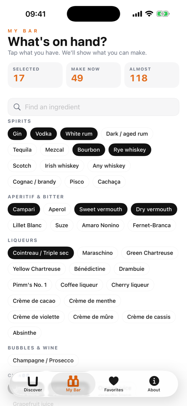 My Bar with selected ingredients and Make-now matches